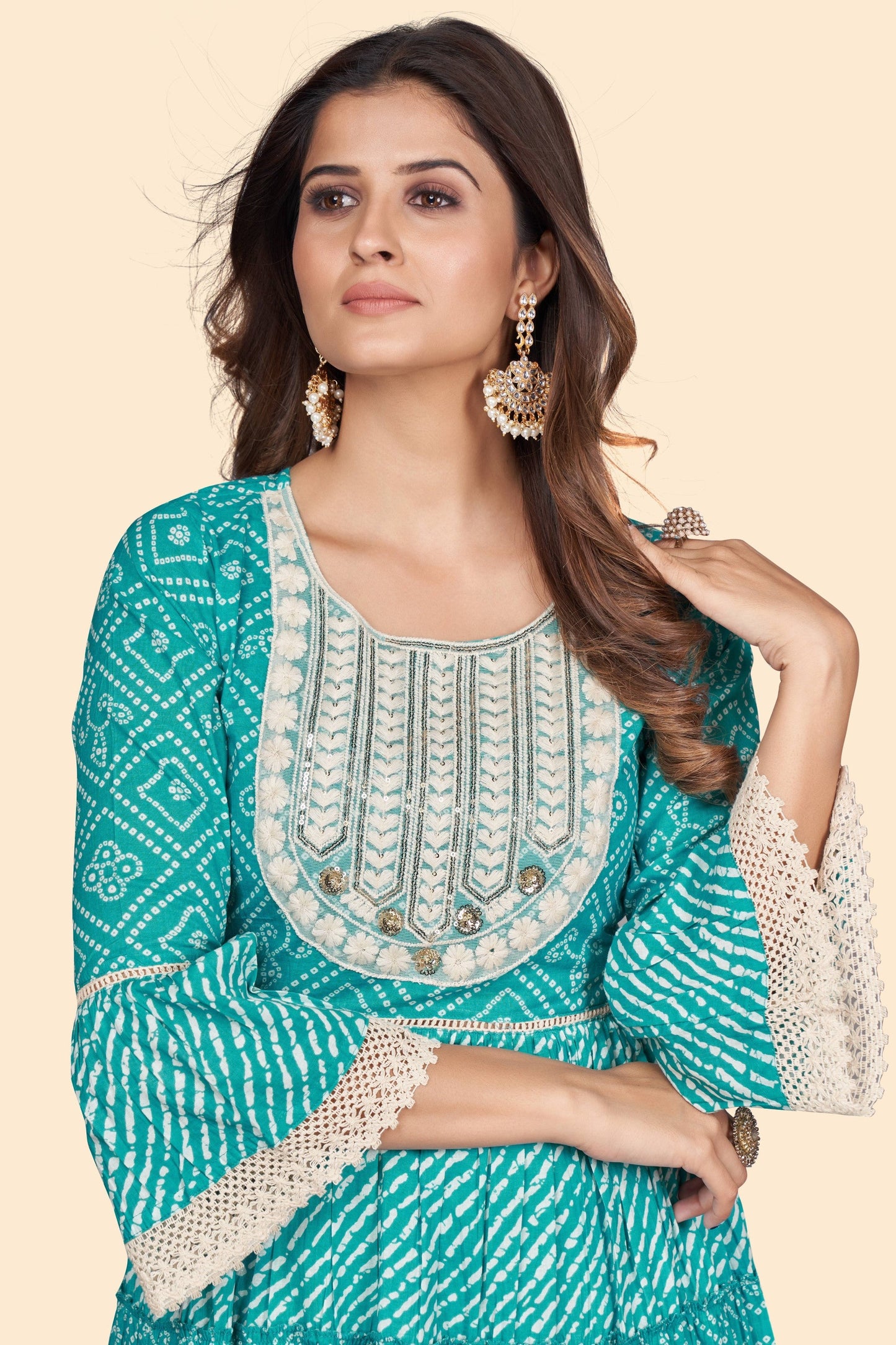 Women's Bandhani Print & Embroidered Flared Cotton Sky Blue Stitched Top With Pant