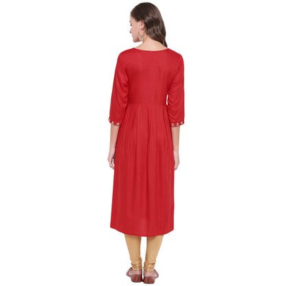 Women's Red Anarkali Rayon Kurta By Vbu