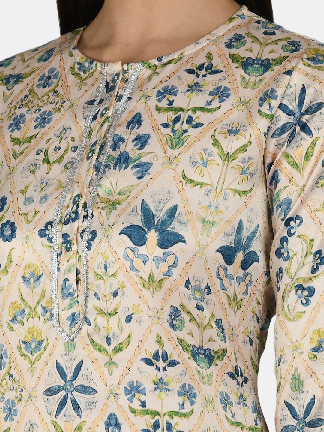 Women's Multi Silk Printed 3/4 Sleeve Round Neck Casual Kurta Palazzo Dupatta Set