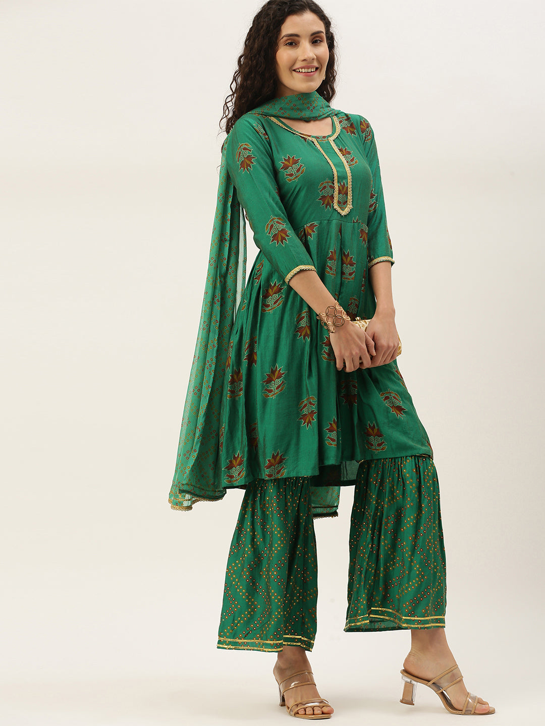 Women's Green Color Muslin Foil Printed Kurta Sharara With Dupatta