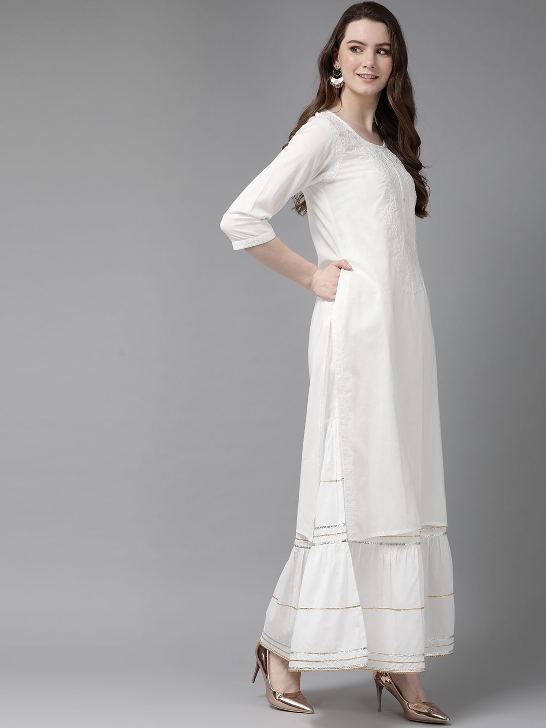 Women's White Cotton Voile Embroidered Straight Kurta