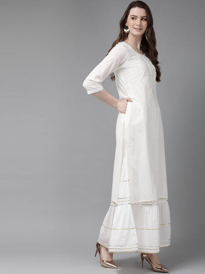 Women's White Cotton Voile Embroidered Straight Kurta