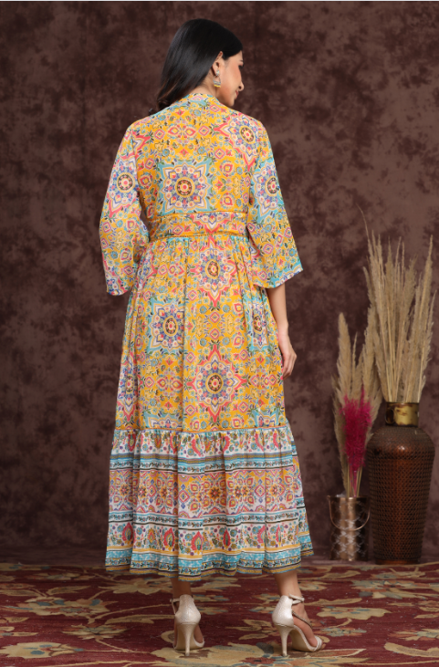 Women's Mustard Chiffon Printed Tiered Dress