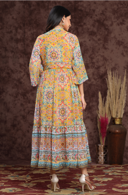 Women's Mustard Chiffon Printed Tiered Dress