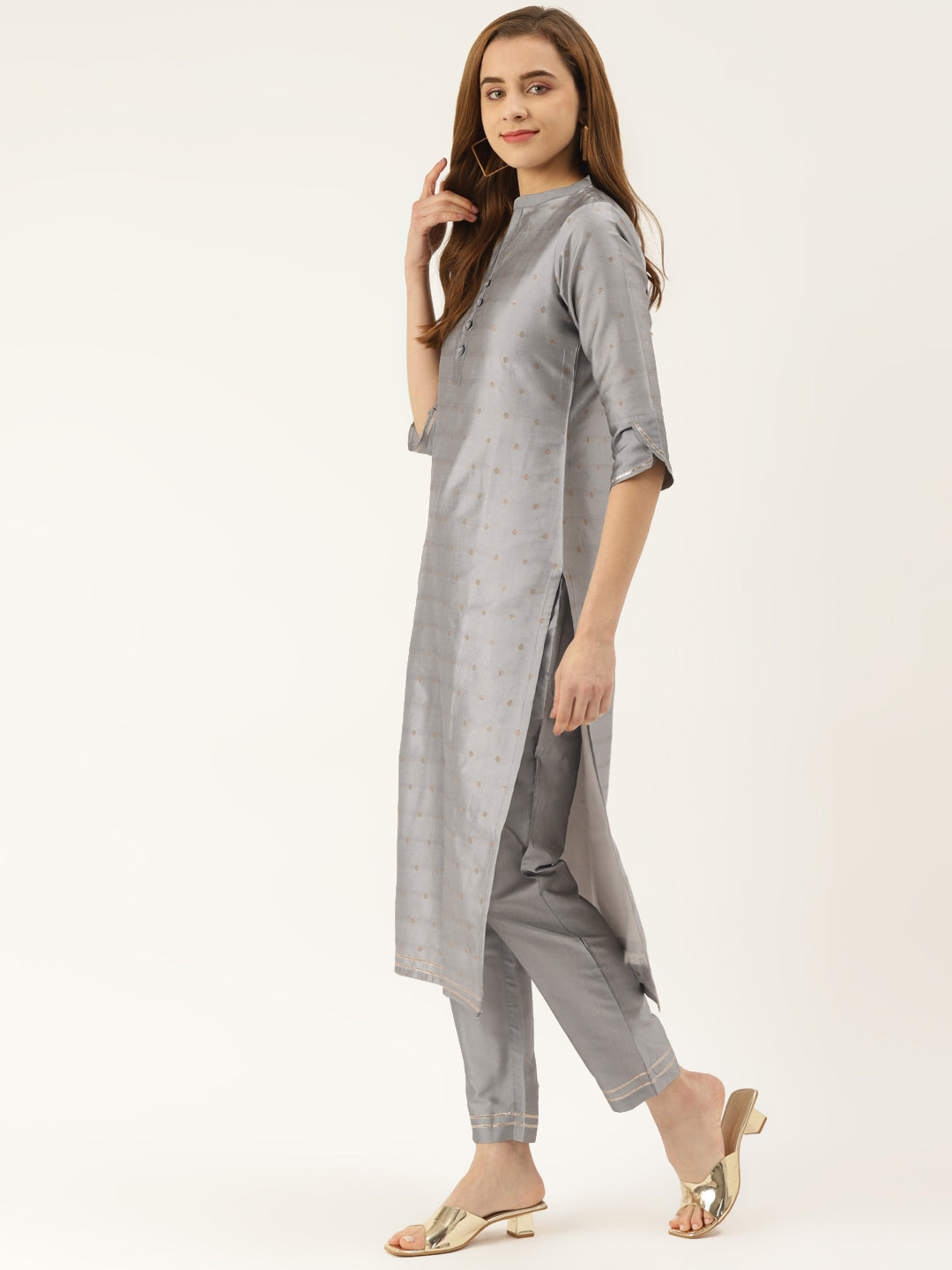 Women's Grey Color Silk Blend Straight Embellished Kurta Pant Set