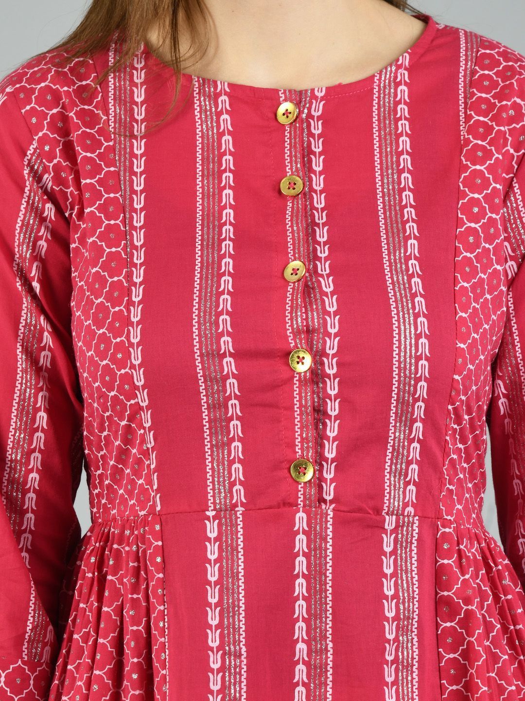 Women's Pink Cotton Printed 3/4 Sleeve Round Neck Casual Dress