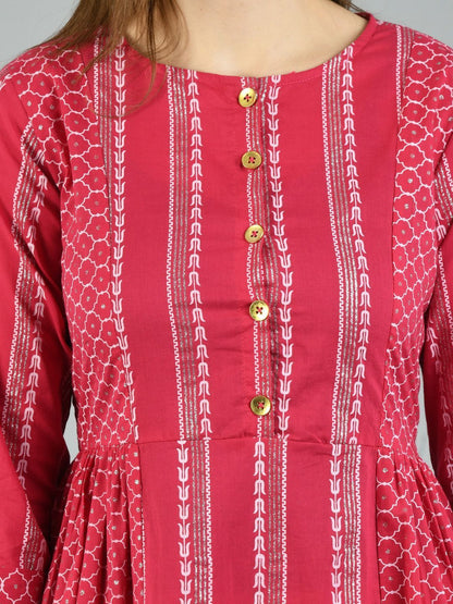 Women's Pink Cotton Printed 3/4 Sleeve Round Neck Casual Dress