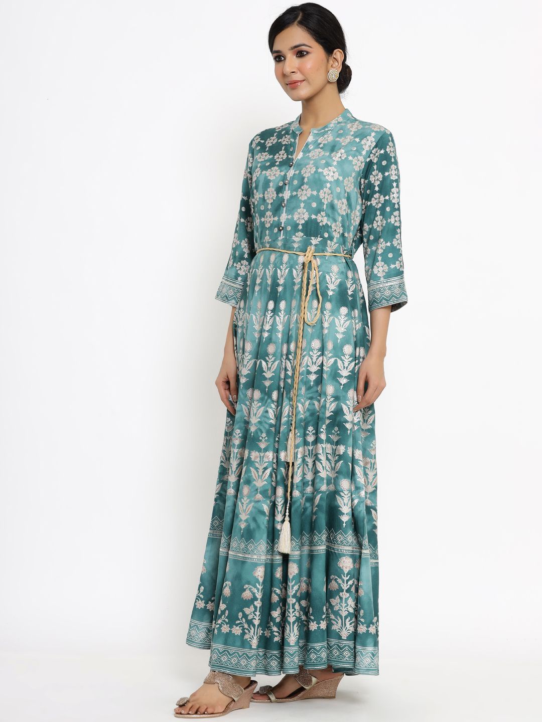 Women's Printed Flared Dress with Waist Tie-up