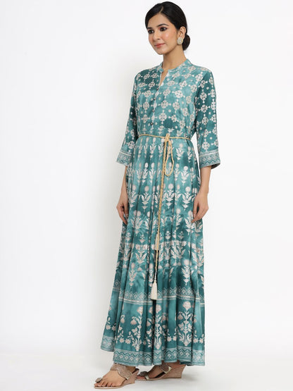 Women's Printed Flared Dress with Waist Tie-up