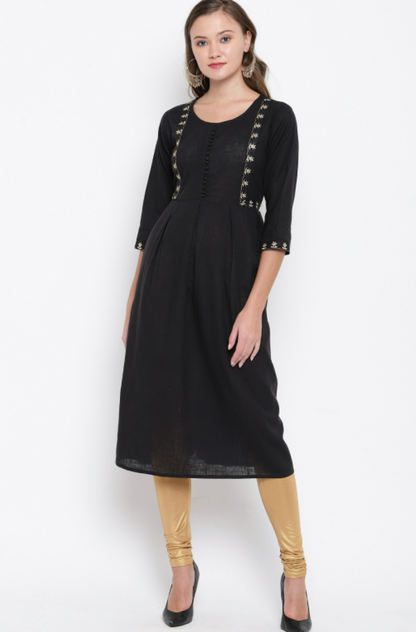 Women's Embroidered/Solid Anarkali Cotton Black Kurta (1Pc)