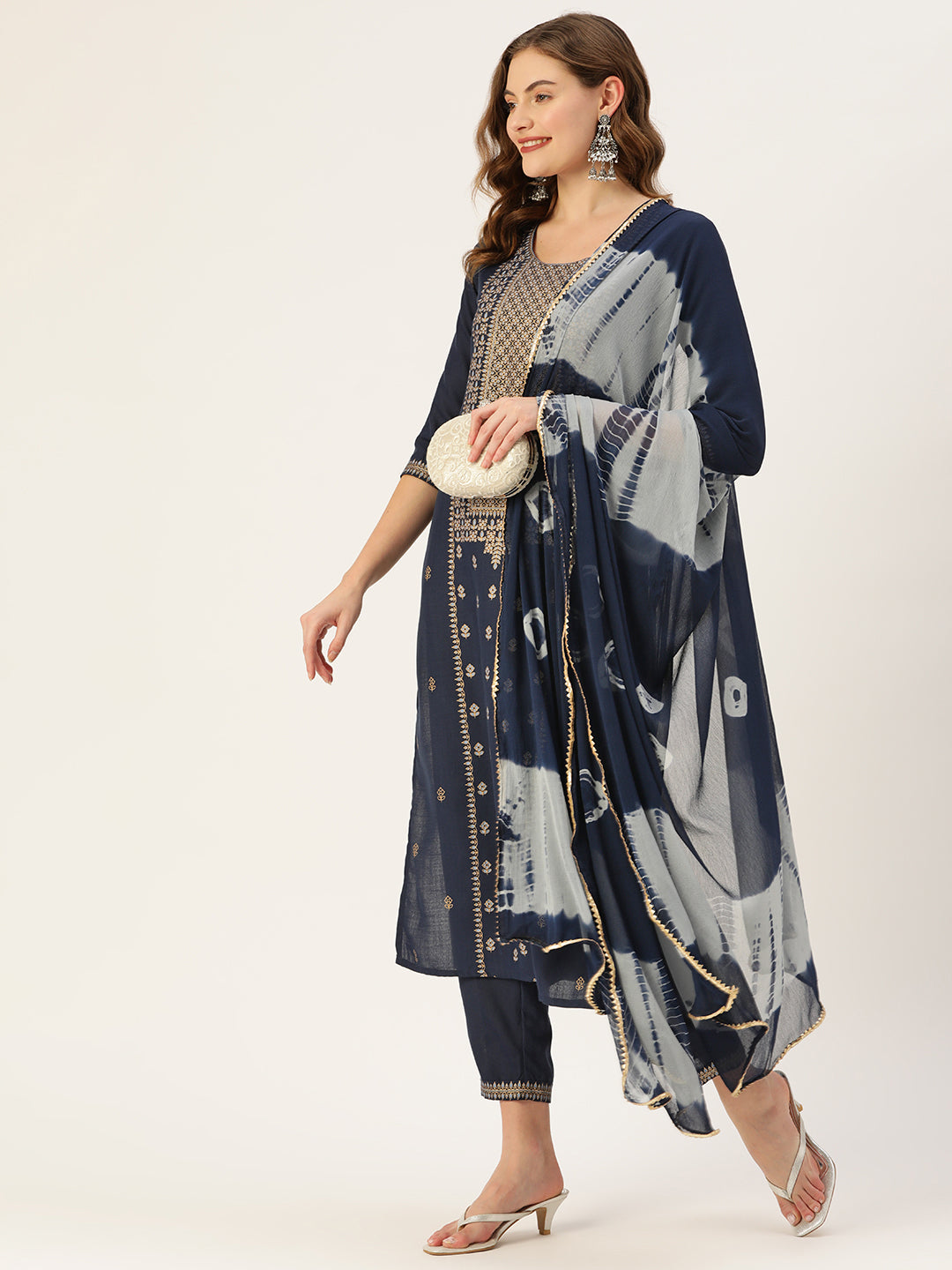 Women's Navy Cotton Blend Panelled Printed Straight Kurta Trouser Set With Dupatta