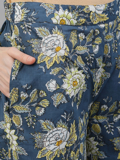 Women's Blue & Yellow Floral Printed Kurta & Palazzo With Tie & Dye Dupatta Set
