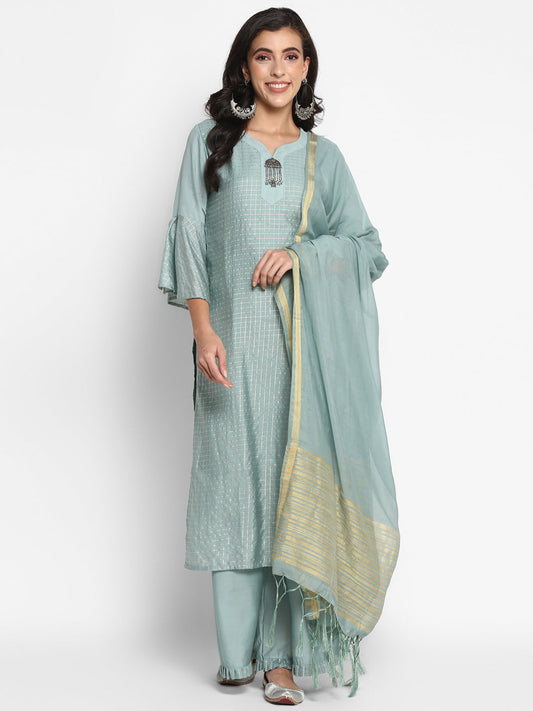 Women's Grey Color Silk Blend Straight Printed Kurta Palazzo With Dupatta