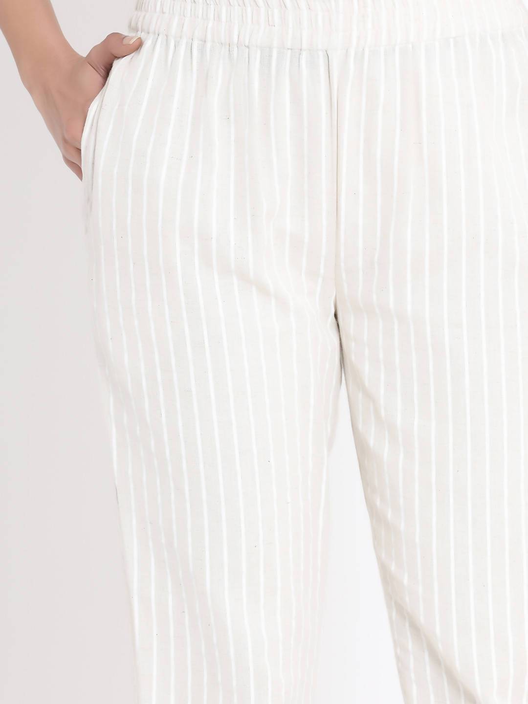 Women's Natural Cotton Flex Striped Straight Pant With Scrunchie