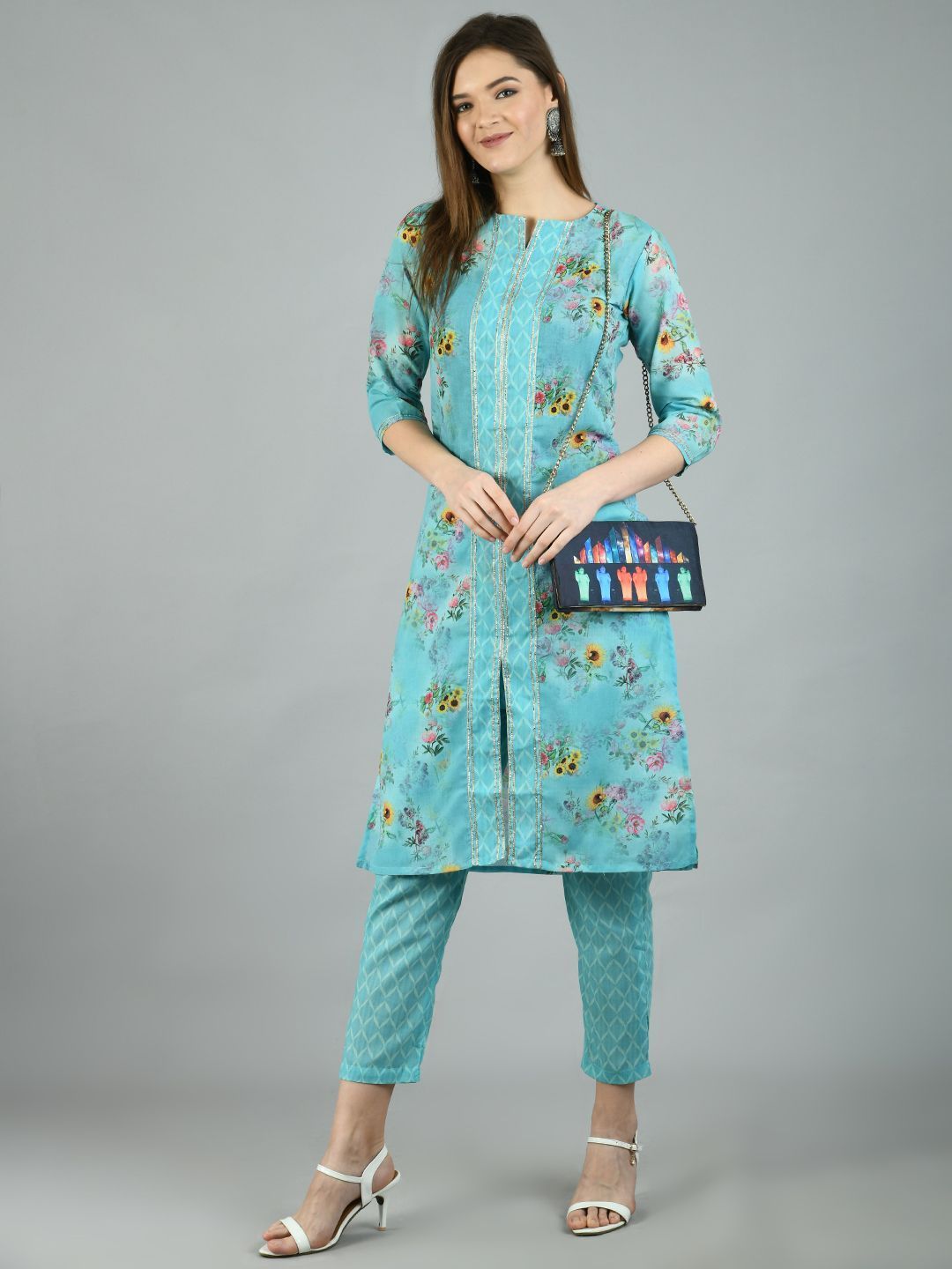 Women's Blue Poly Cotton Printed 3/4 Sleeve Round Neck Casual Kurta Pant Set