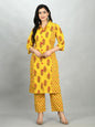 Women's Yellow Cotton Printed 3/4 Sleeve Shirt Coller Casual Kurta Pant Set