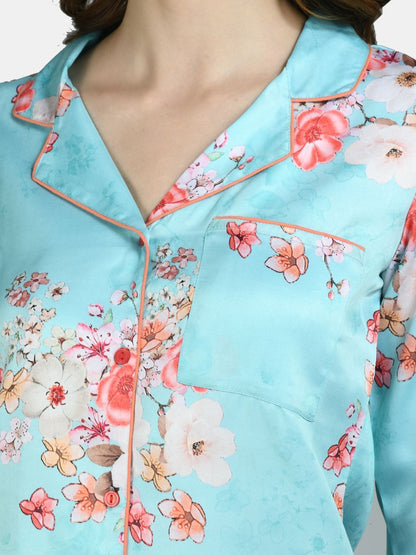 Women Sky Blue Printed Night Suit by Myshka (
