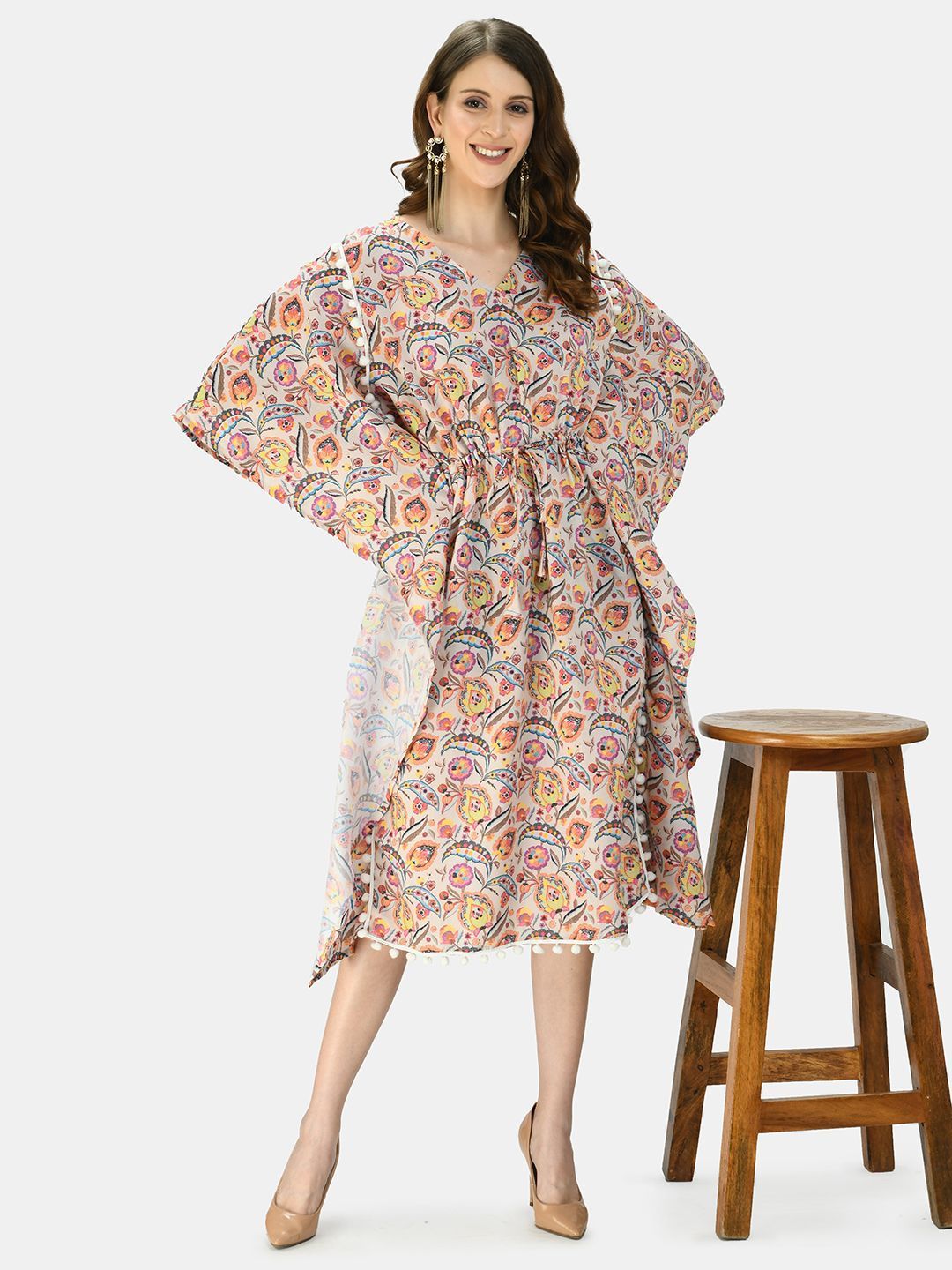 Women's Multicolor Silk Blend Printed Half Sleeve V Neck Casual Kaftaan