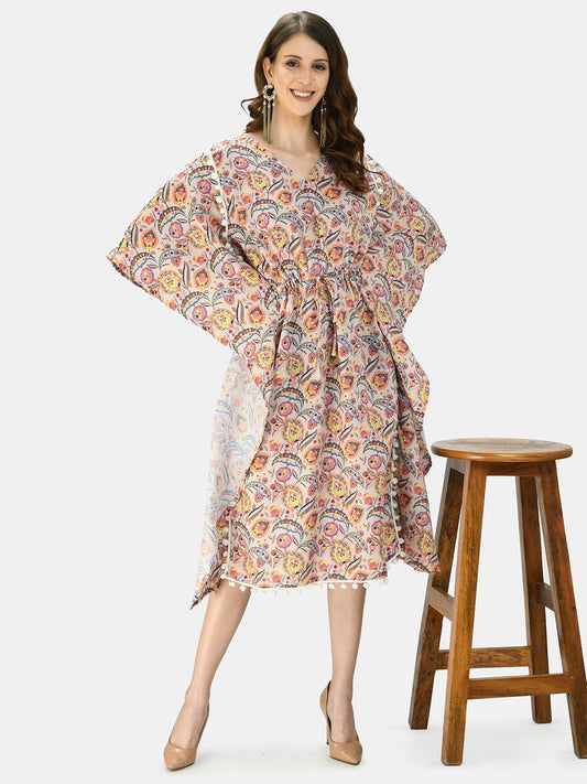 Women's Multicolor Silk Blend Printed Half Sleeve V Neck Casual Kaftaan