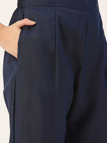 Women's Navy Cotton Blend Panelled Printed Straight Kurta Trouser Set With Dupatta