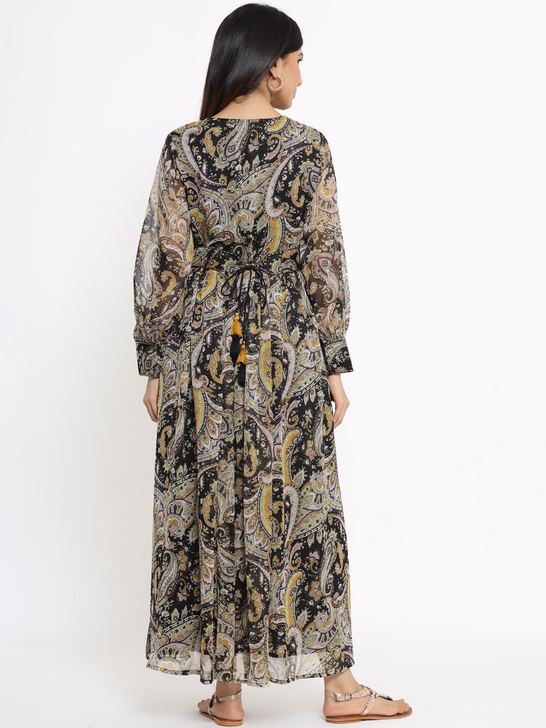 Women's Black Alphin Chiffon Flared Printed Dress With Tie-up Blet1
