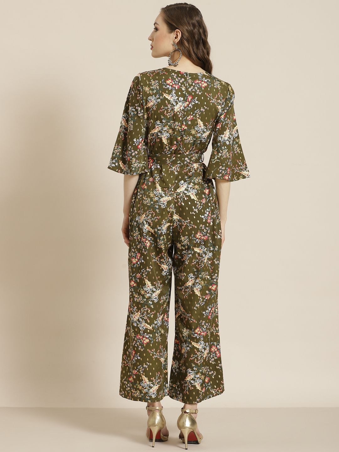 Women's Olive Micro Poly Printed Jumpsuit with Tie-up