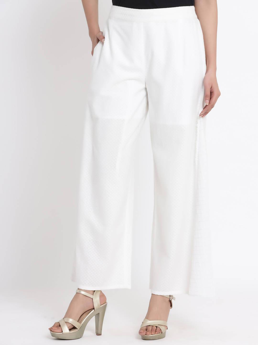 Women's White Cotton Dobby Flared Palazzo With Scrunchie