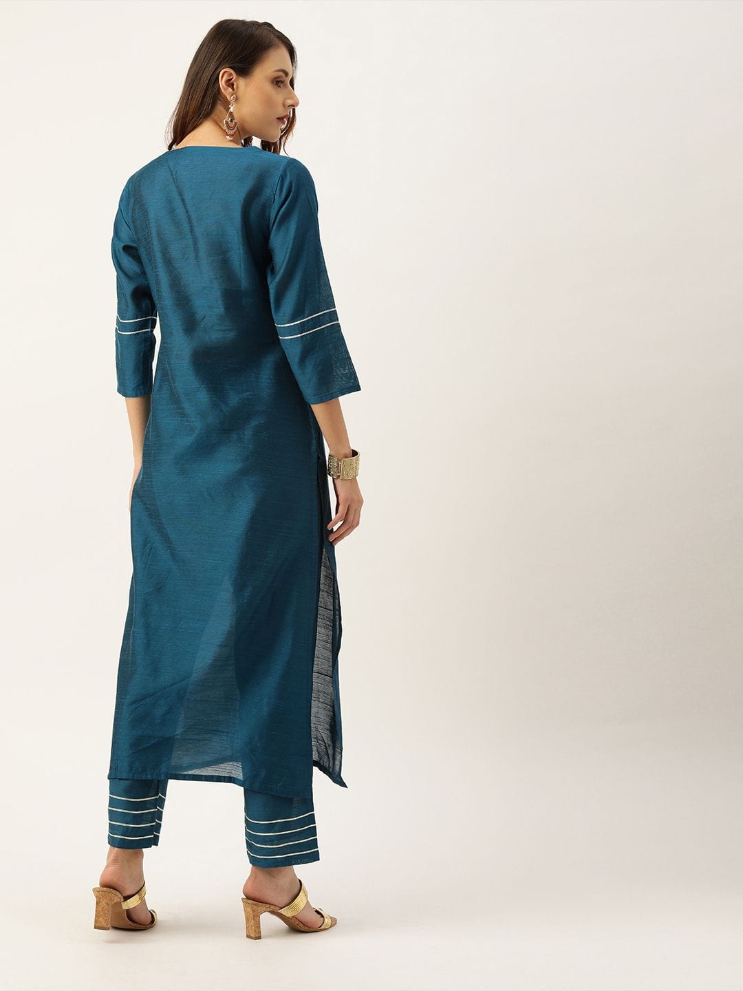 Women's Teal Blue Yoke Design Sequined Kurta With Trousers