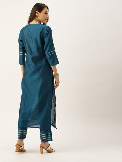 Women's Teal Blue Yoke Design Sequined Kurta With Trousers