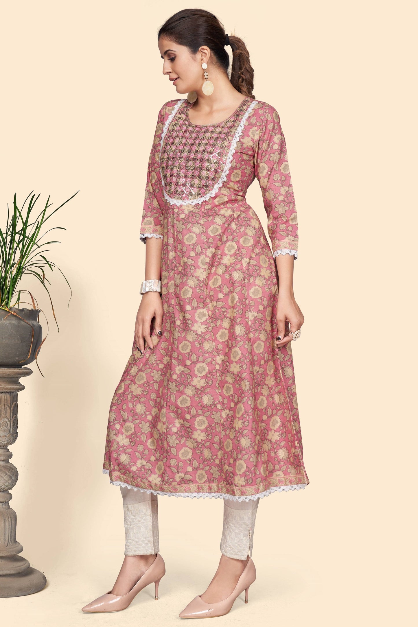 Women's Print & Embroidered A-Line Cotton Pink Stitched Kurta