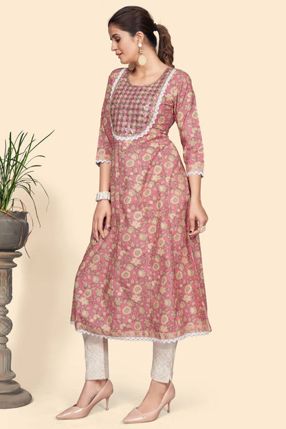 Women's Print & Embroidered A-Line Cotton Pink Stitched Kurta