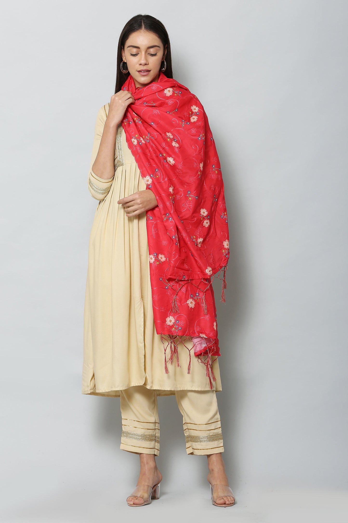 Women's Red Color Art Muslin Embroidery and Digital Printed Dupatta