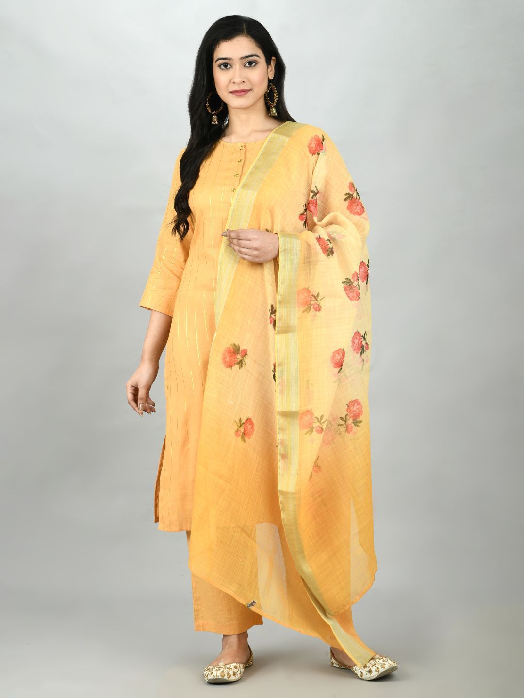 Women's Mustrd Polyester Solid 3/4 Sleeve Round Neck Casual Kurta Pant Dupatta Set