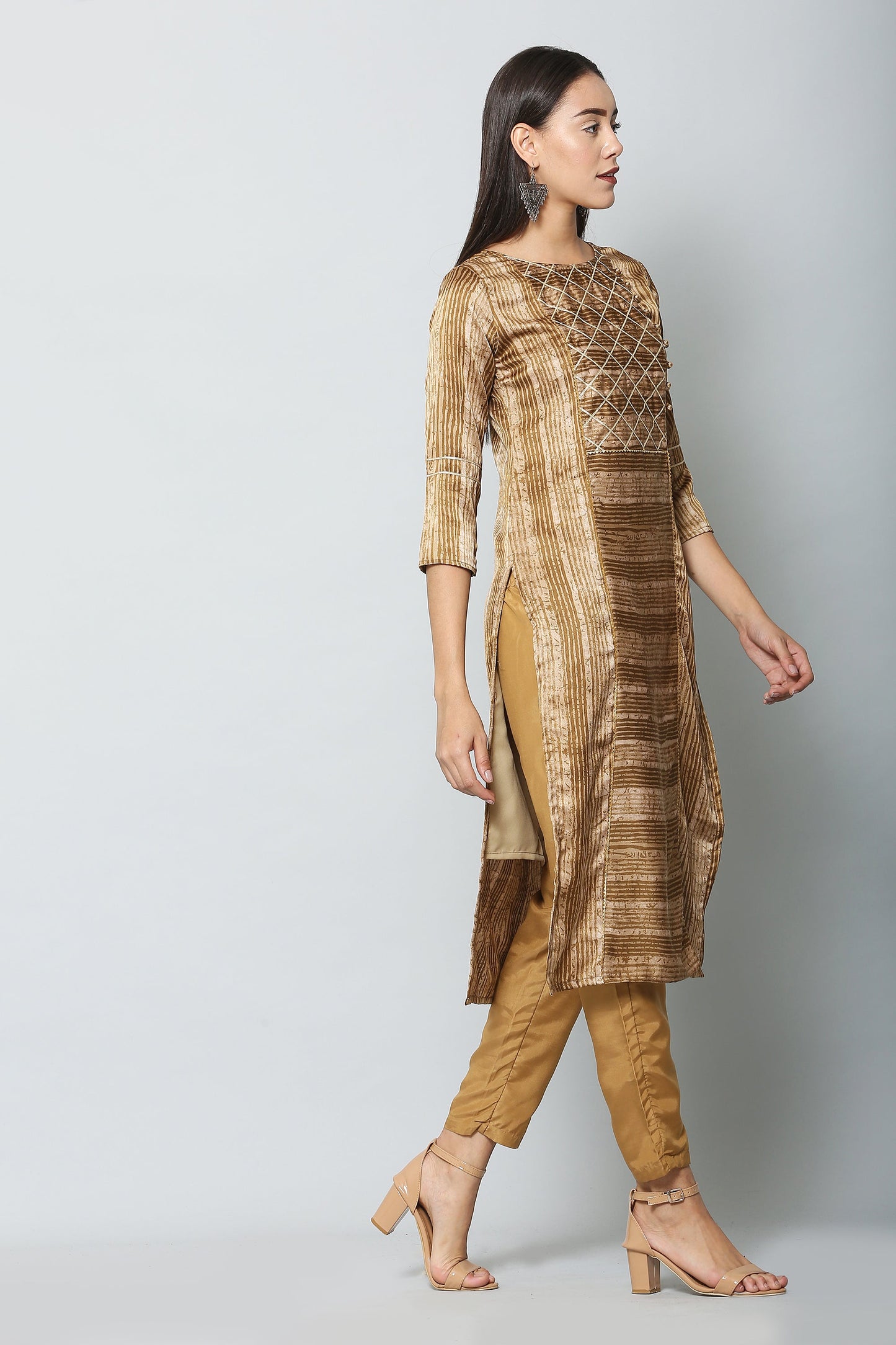 Women's Gold Color Satin Blend Straight Printed Kurta Pant Set