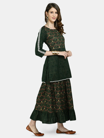 Women's Green Viscose Printed 3/4 Sleeve Round Neck Casual Dress
