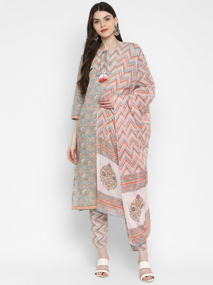 Women's Grey Cotton Kurta With Pant & Dupatta By Vbuyz (3