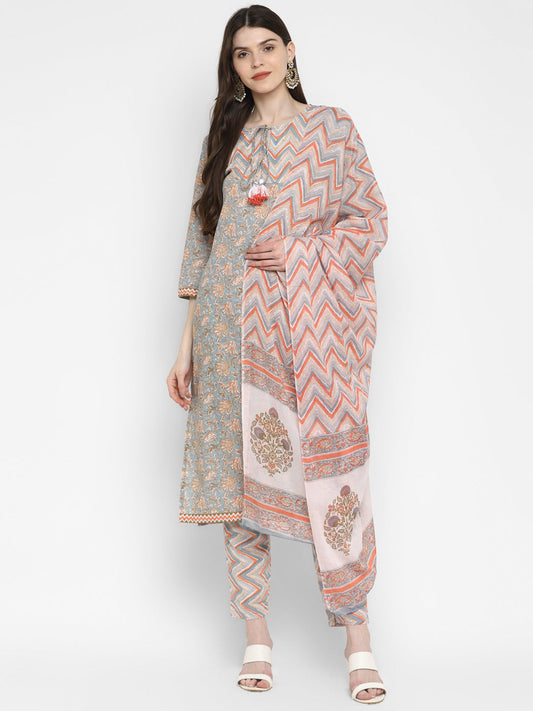 Women's Grey Cotton Kurta With Pant & Dupatta By Vbuyz (3