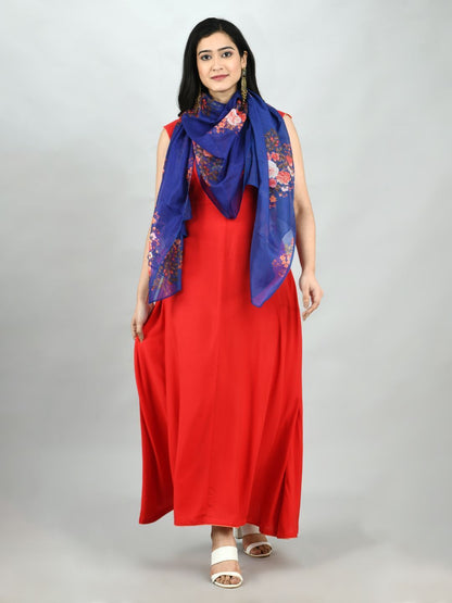 Women's Red Cotton Solid Sleeveless Round Neck Casual Kurta Dupatta Set