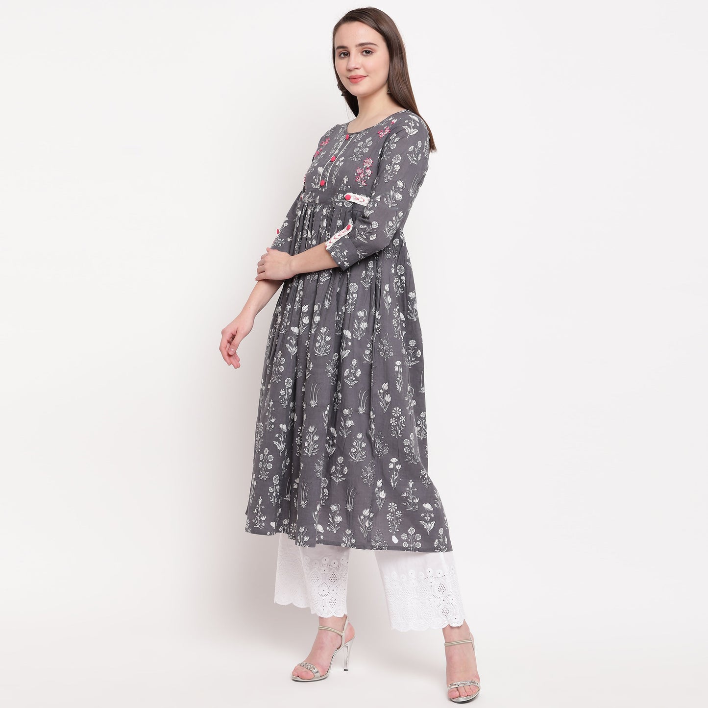 Women's Grey Anarkali Cotton Kurta By Vbu