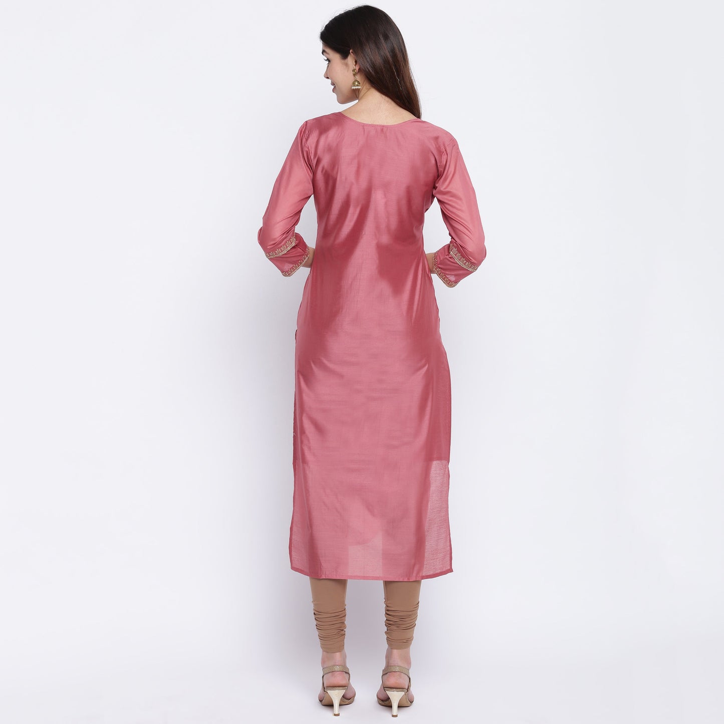 Women's Sequence Work/Hand Work Straight Chanderi Dark Peach Kurta Only