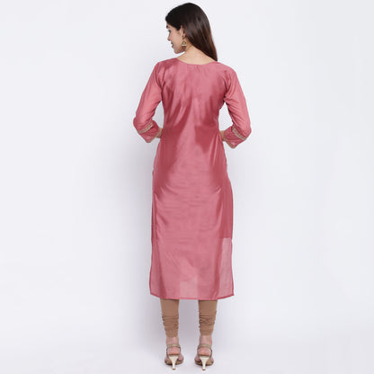 Women's Sequence Work/Hand Work Straight Chanderi Dark Peach Kurta Only