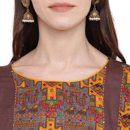 Women's Brown & Yellow Rayon Kurta By Vbu