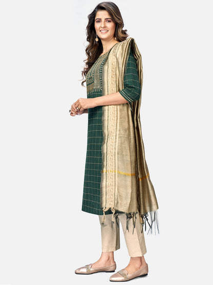 Women's Green Cotton Kurta With Pant & Dupatta By Vbyuz (3