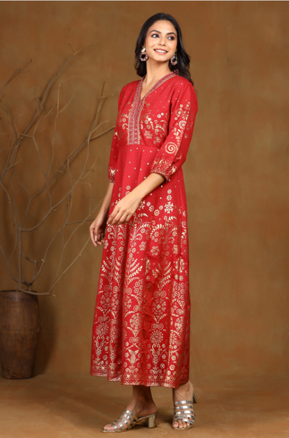 Women's Maroon Rayon Printed Anarkali