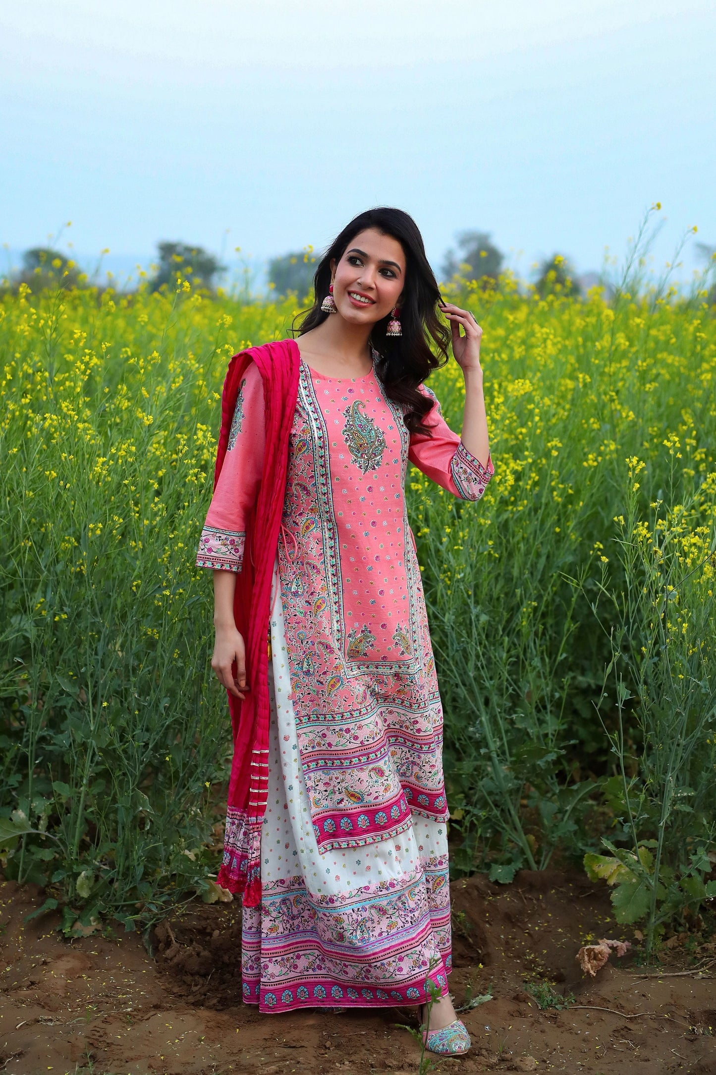 Women's Cambric Printed Straight Kurta Palazzo Dupatta Set