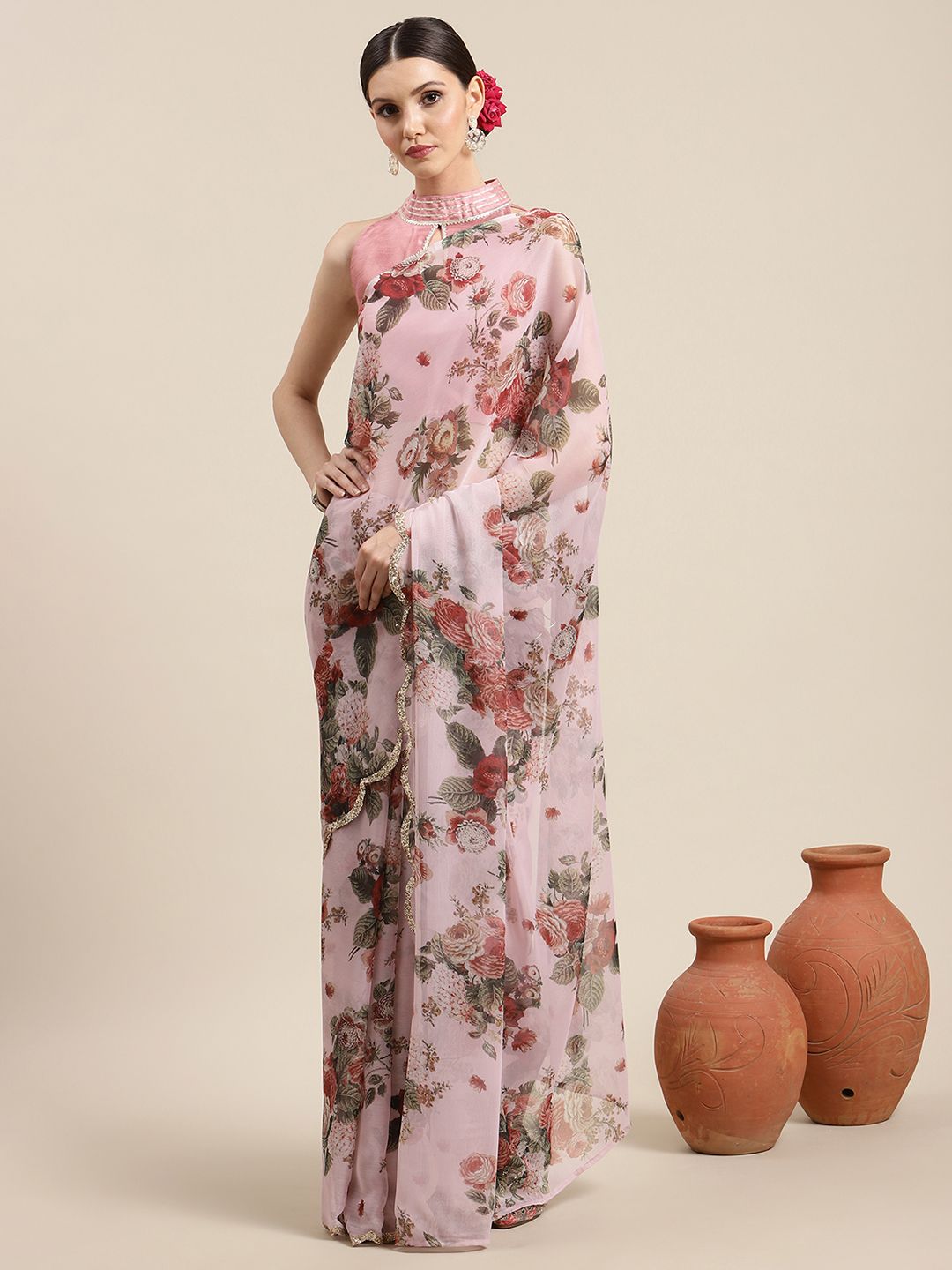 Women's Pink Chiffon Digital Print Floral Saree