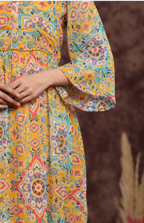 Women's Mustard Chiffon Printed Tiered Dress