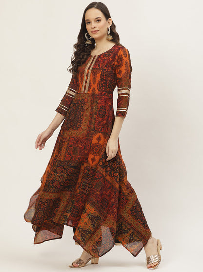 Women's Orange Color Chanderi Silk Floral A-Line Digital Printed Kurta Palazzo Set