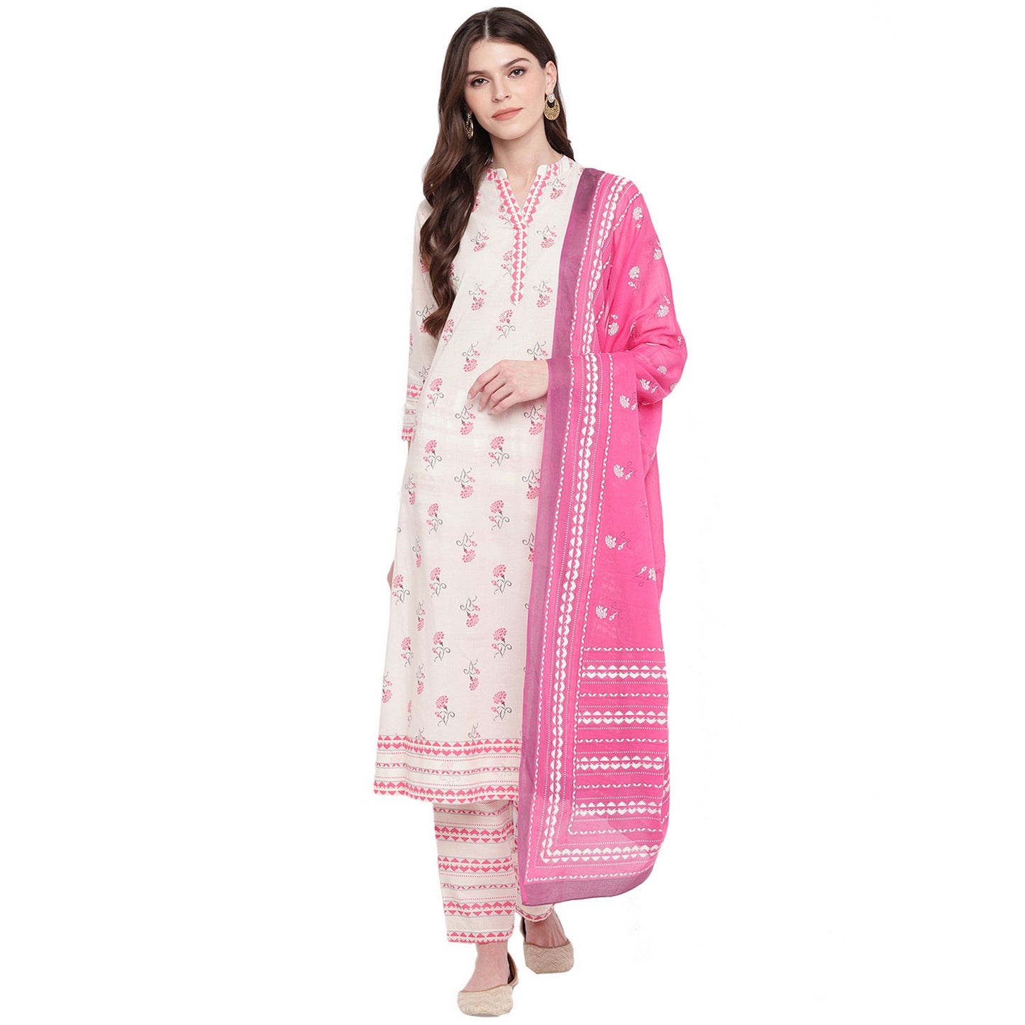 Women's White & Red Cotton Kurta With Palazzo & Dupatta By Vbuyz (3