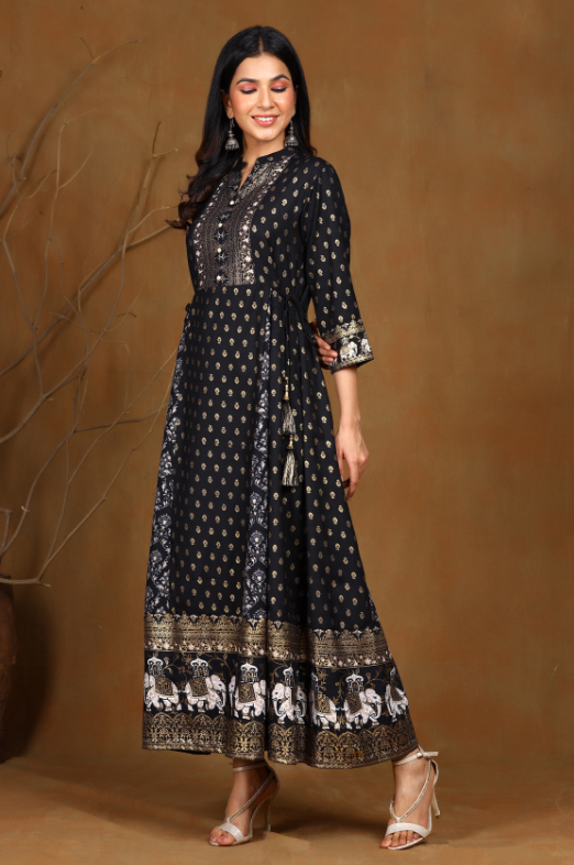 Women's Black Rayon Printed Anarkali Dress
